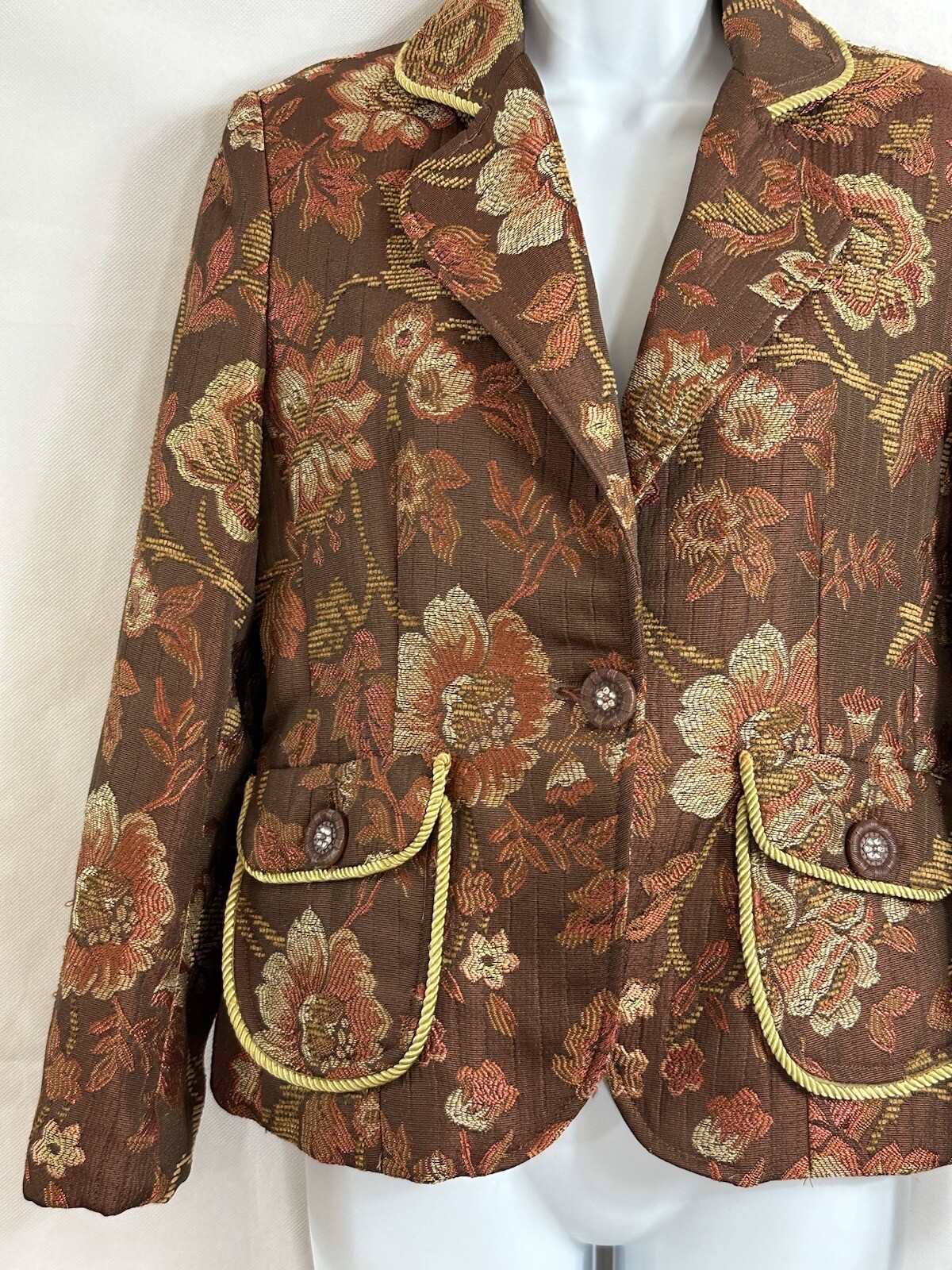 Vintage Ninety Sz 4 Floral Tapestry Woven Blazer Jacket Faux Diamond Buttons Pkt