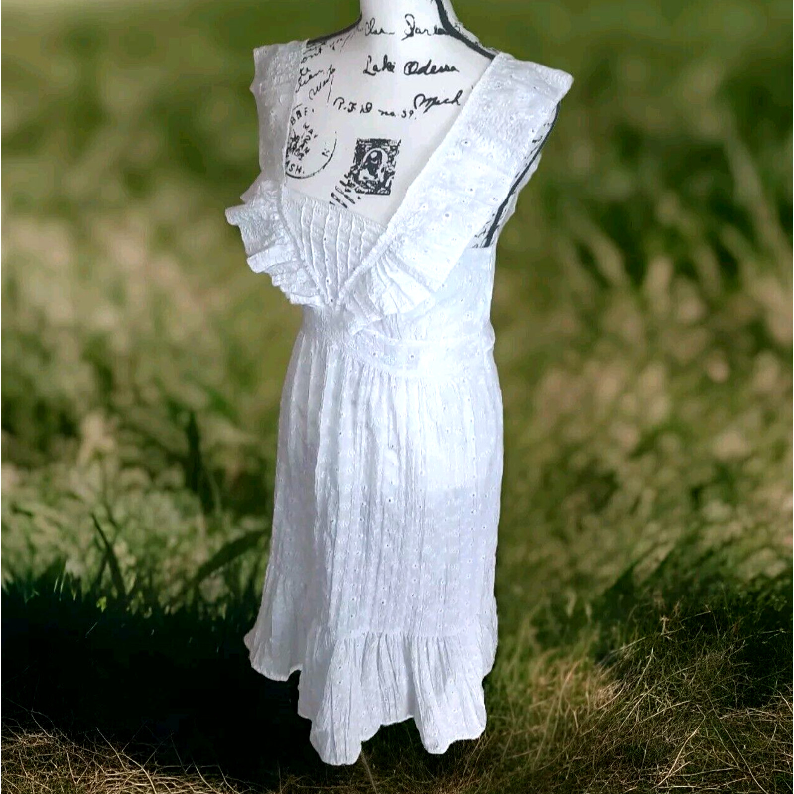 Vtg Eyelet Lace Ruffle Bow Pinafore Midi Dress Sz M White Cottagecore Coquette