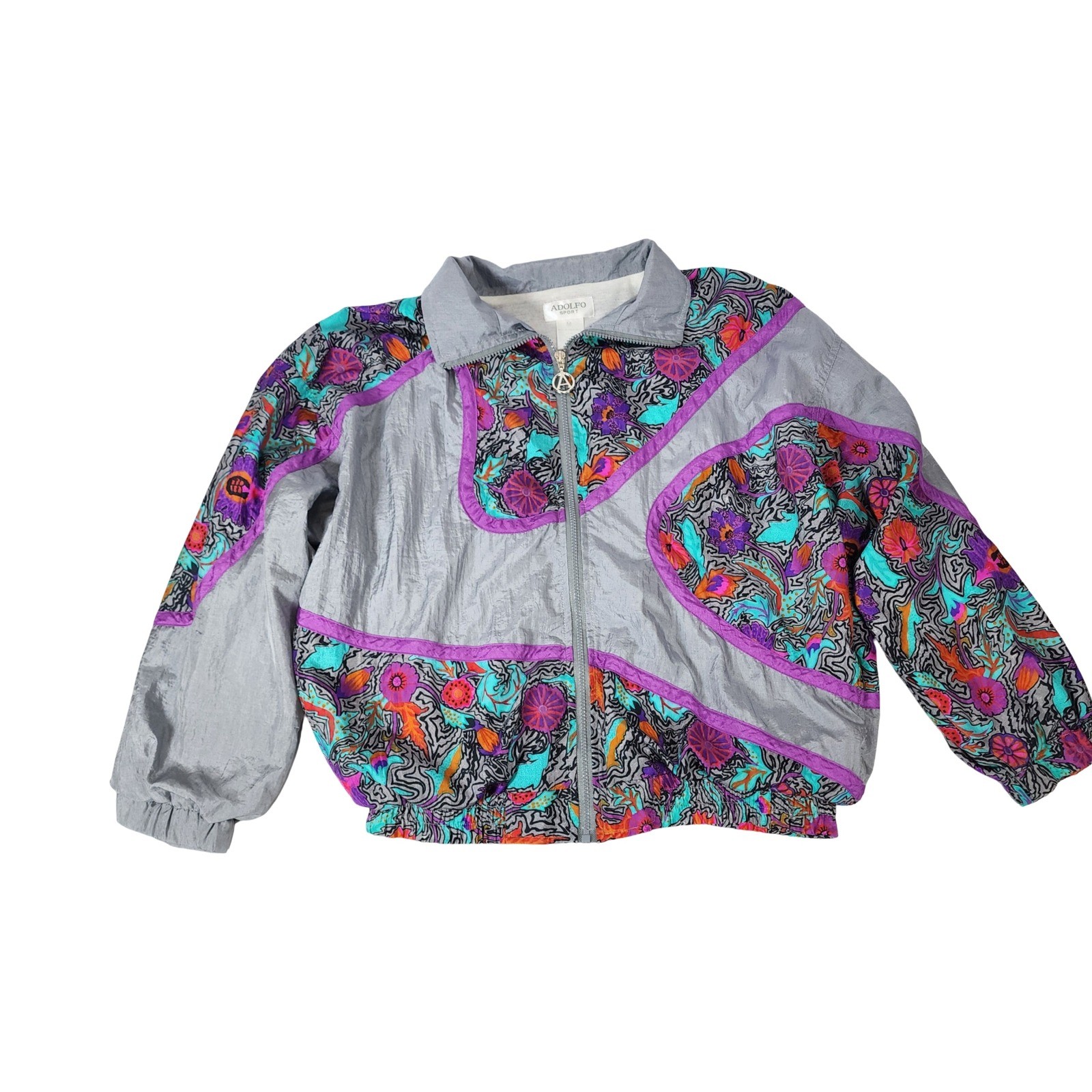 Adolfo Sport Vintage 90s Retro Windbreaker Jacket Silver Floral Abstract Zip M