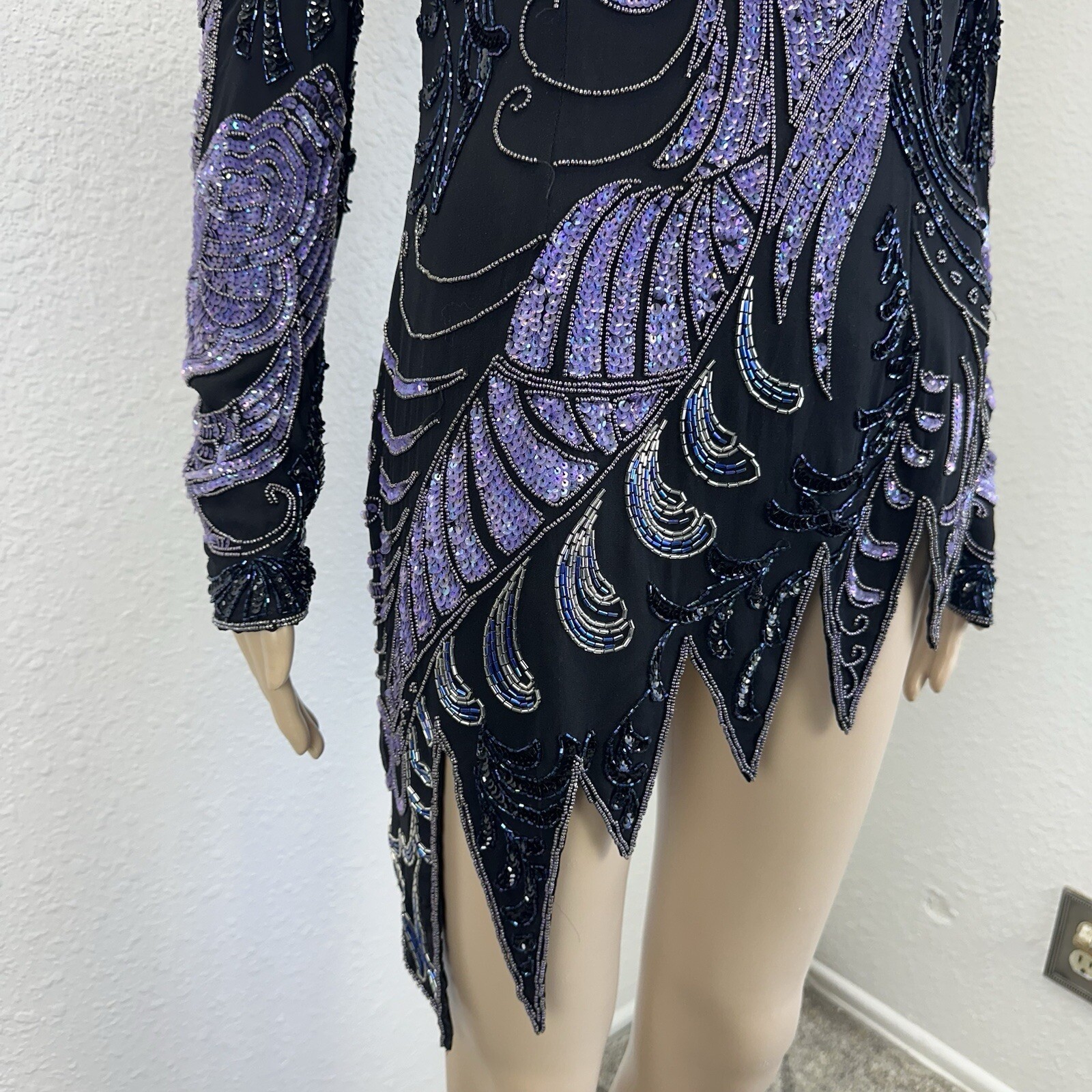 Vtg Fully Beaded Sequin Silk Mini Dress Tunic Peacock Great Gatsby Dancer M