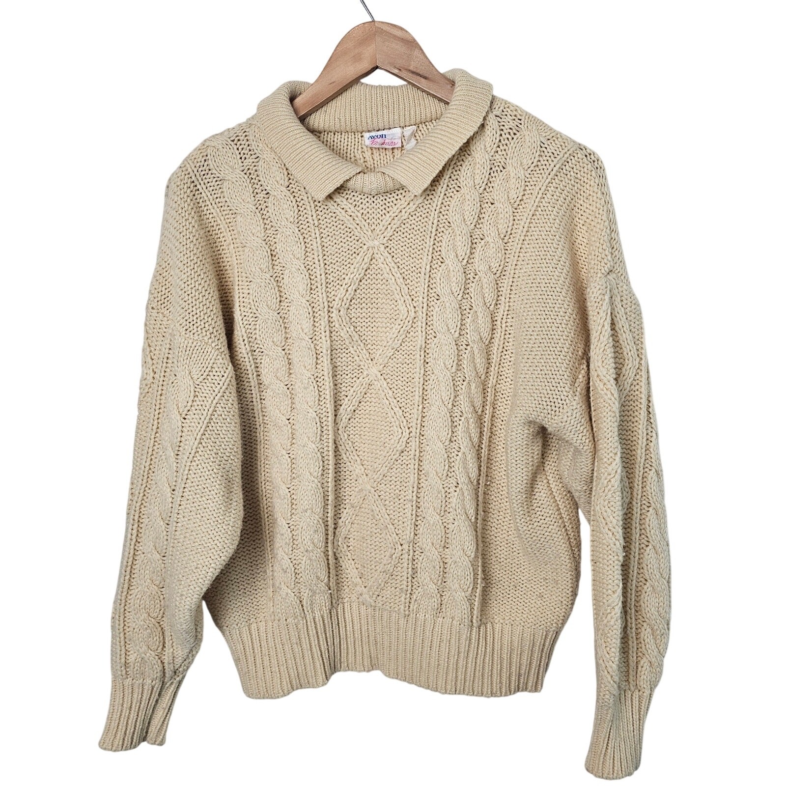 Vintage Cable Knit Sweater Womens XL 90s Tan Cottage Pullover Academia Preppy