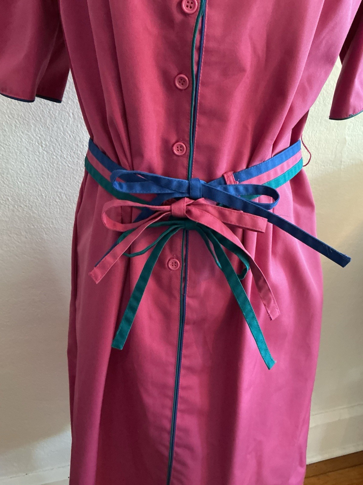Vintage Day Dress Townhouse 80s Prep Pink Color-block Piping Whimsy 14 M L