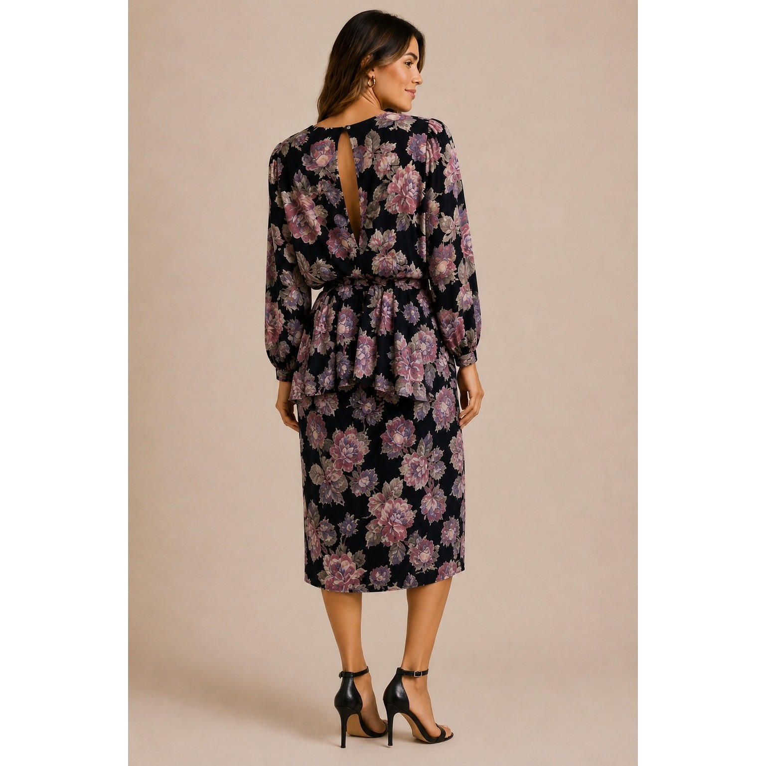 Vintage 80s Regina Kravitz Floral Peplum Midi Dress Open Back Romantic M 8/10