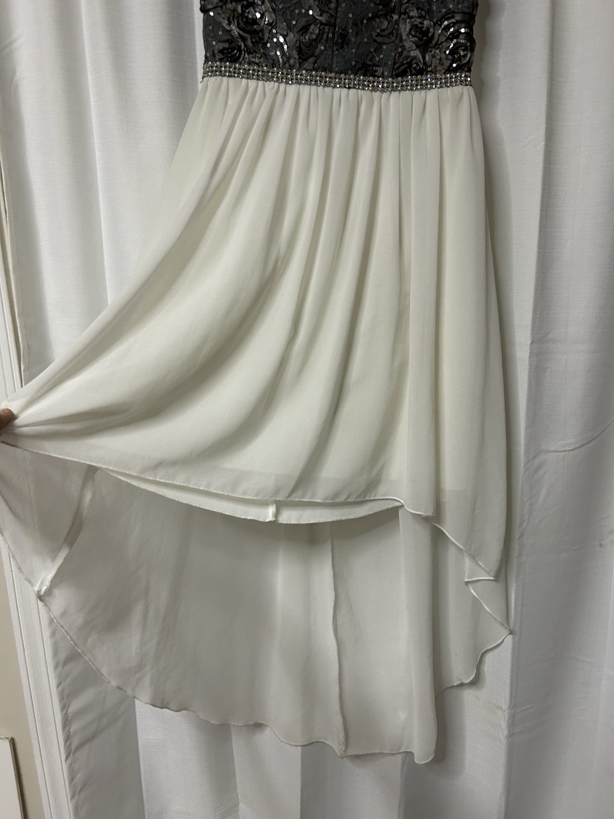 Vintage Deb Formal Prom Dress Hi Lo Sequin Strapless Silver White Y2K 3