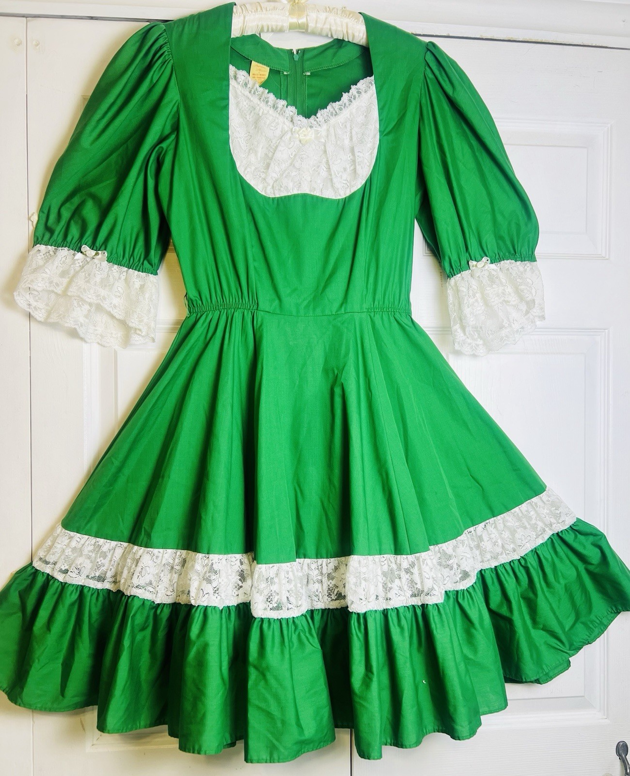 Vtg Partners Please Green White Lace Trim Flare Swing Square Dance Dress Size 12