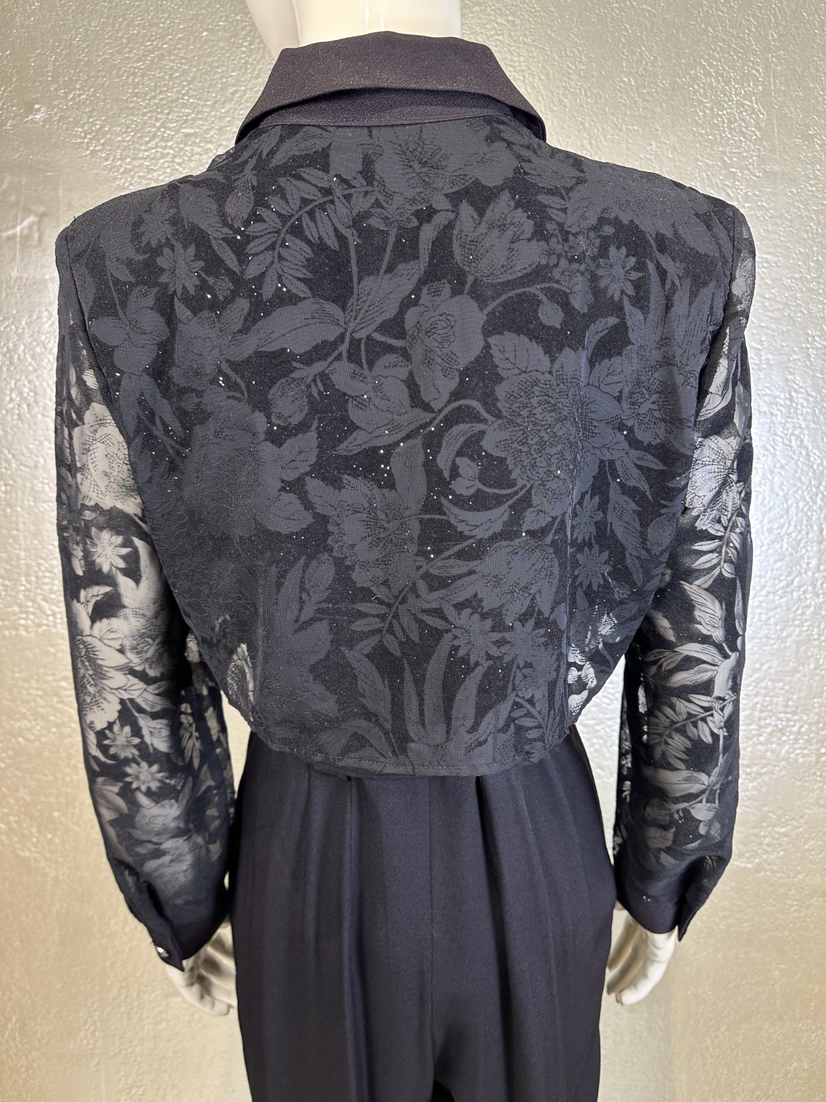Vintage 1990s Ladies MENU Black Jumpsuit Sheer Sparkle Belted Goth S/M