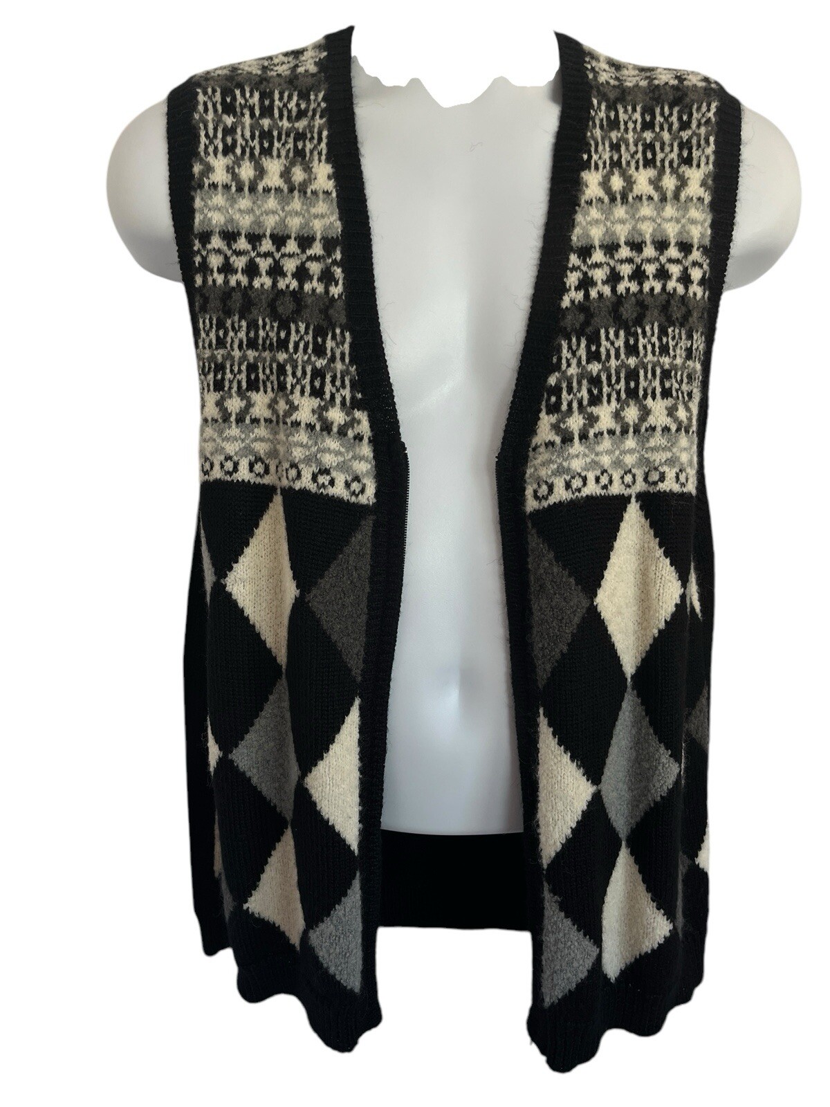 Vtg Koret Acrylic Wool Knit Sweater Vest S Argyle Diamond Black Grandma Yuppie