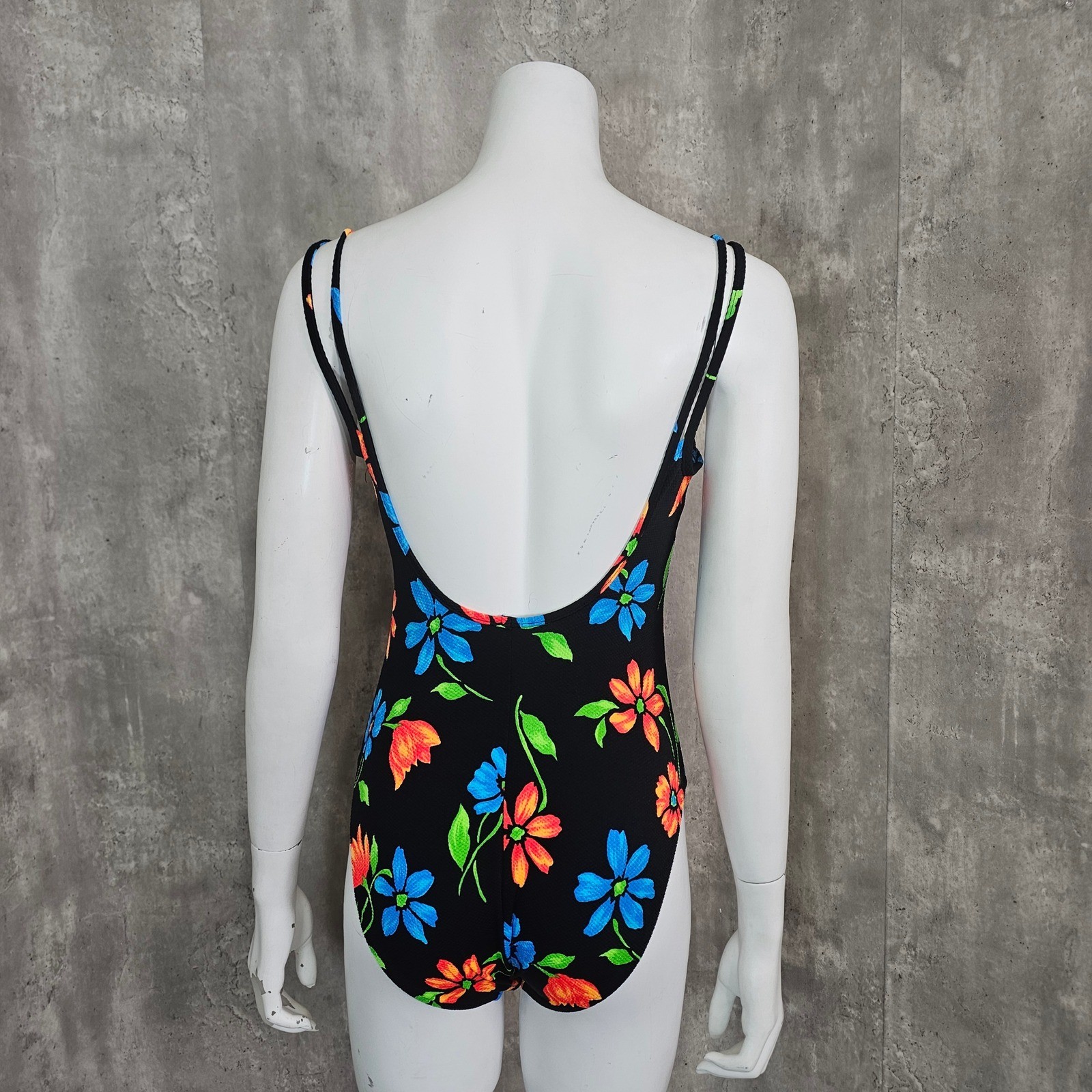 Vintage Concepts Sport Floral Swimsuit Black Neon One Piece High Cut USA