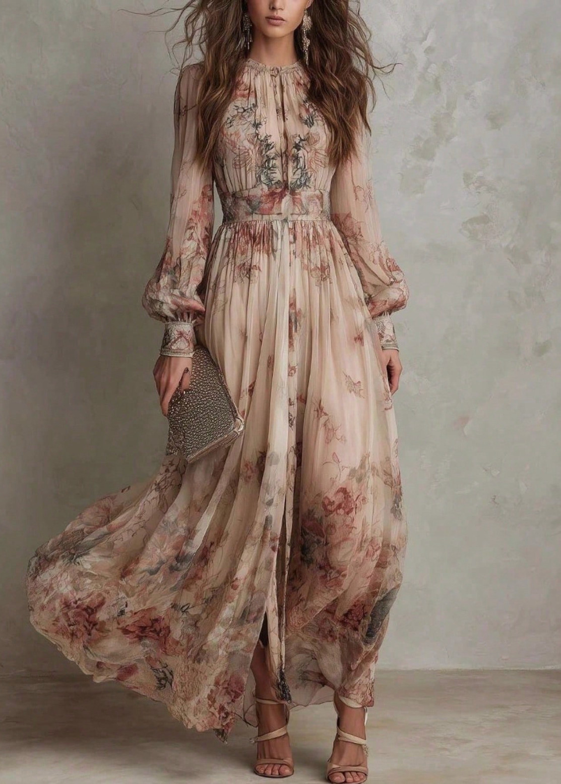 2026 Casual Gown With A Vintage Floral Chiffon Design, Crew Neck, Long Sleeves