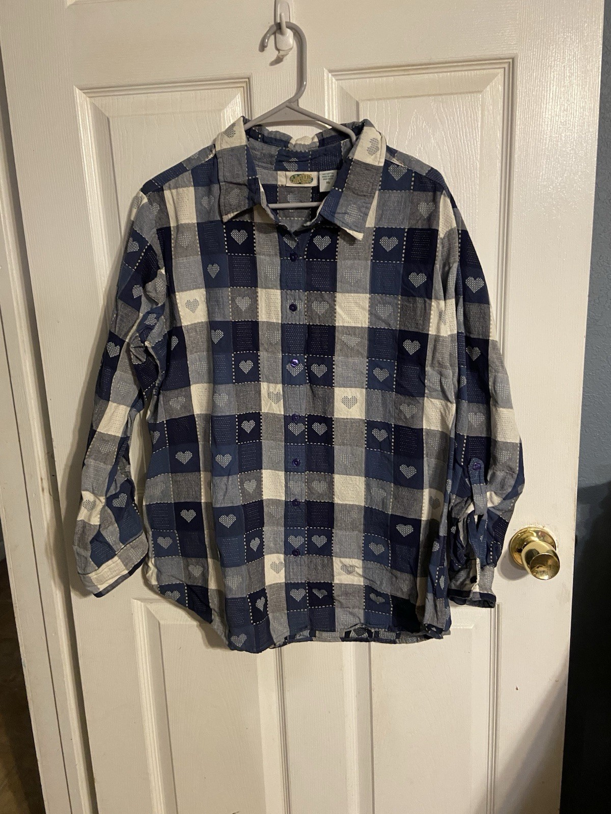 VTG 80s 90s Blue Heart Plaid Collections ETC Button-up TopCotton Cottage Sz XL
