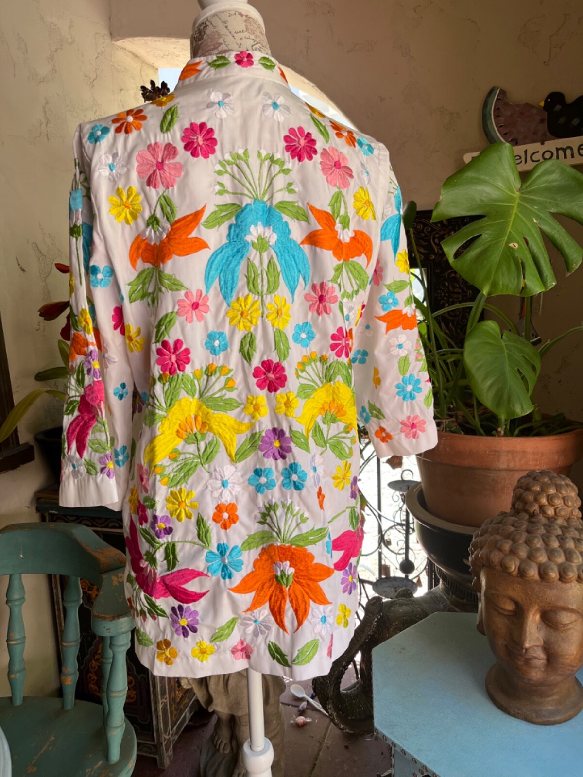 60s Jacket~Long Tunic Blouse~Embroidered Floral Hippie~Mandarin Collar~Size ML