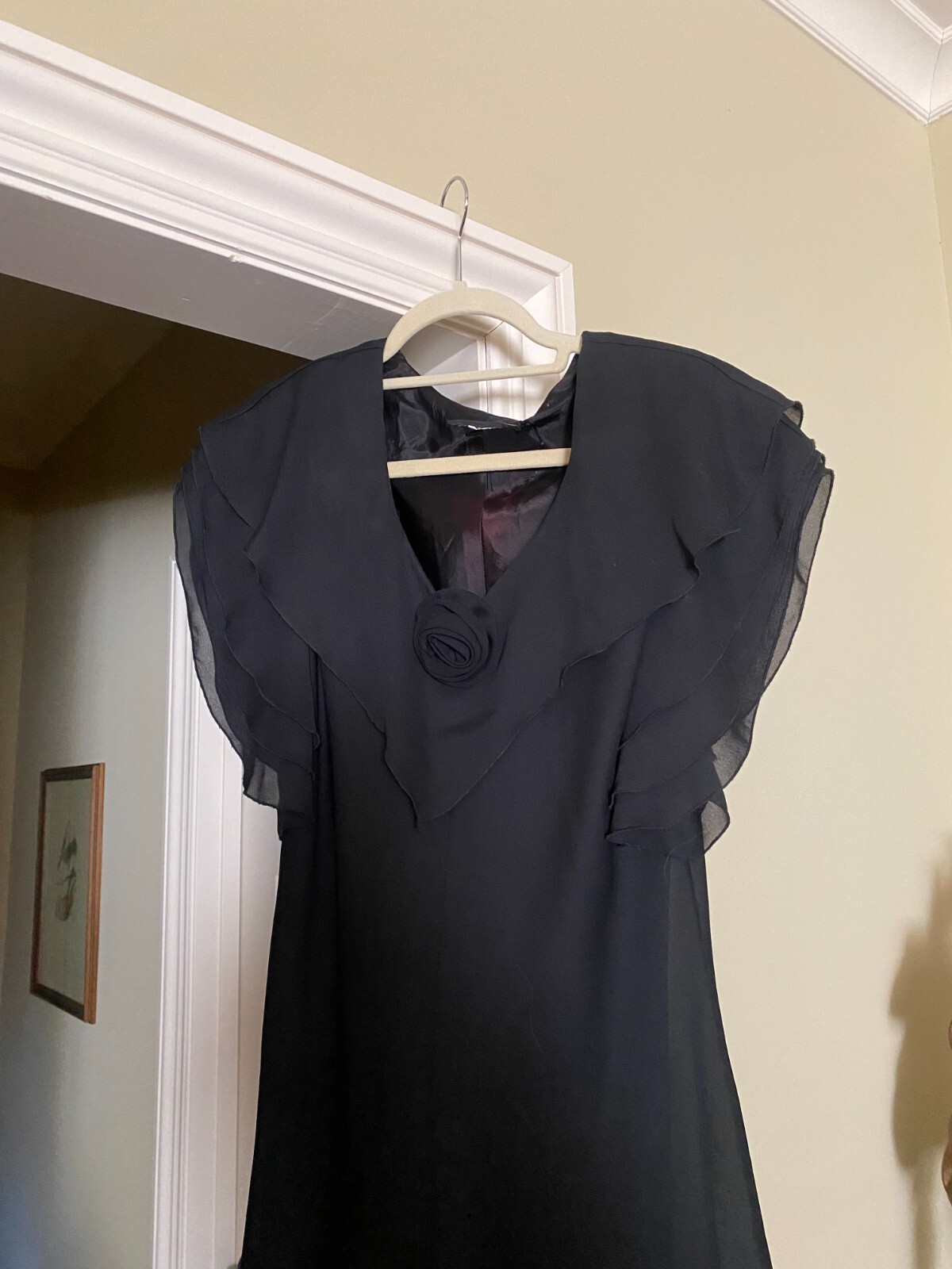 Vintage 1980s Black Chiffon Layered Ruffle Rosette Gown Classic Fairy