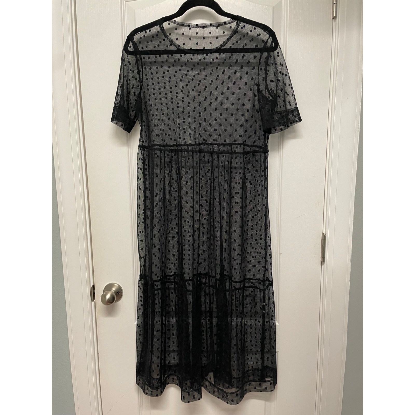 Black Swiss Dot Sheer Mesh Midi Dress Tiered Overlay Boho WhimsiGoth