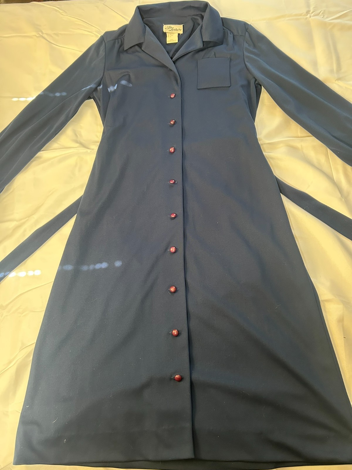 Vintage Jo Lester navy button up dress with decorative pocket square Size 14