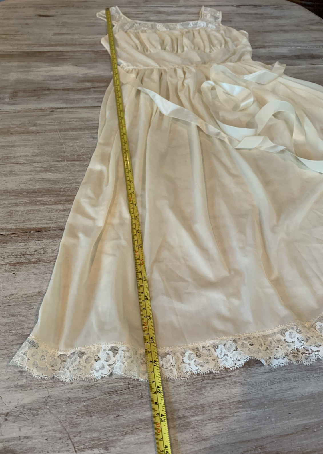 Vtg 60s Nightgown Butter Yellow Nylon Lace Fairycore Satin Ribbon Tie Sz 38