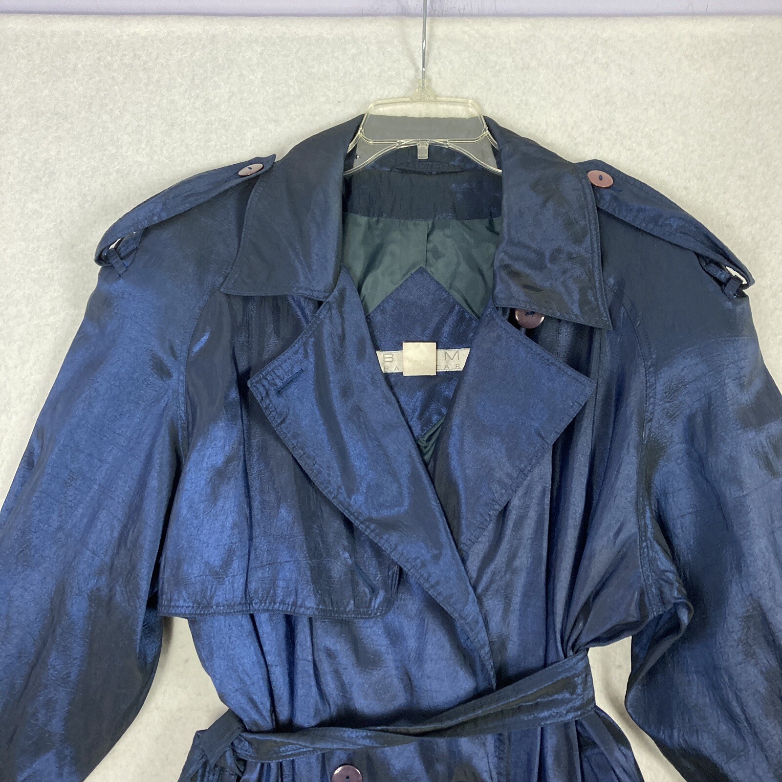90s VTG Trenchcoat Iridescent Blue Plus 18WP Petite Belted Brem Rainwear Womens