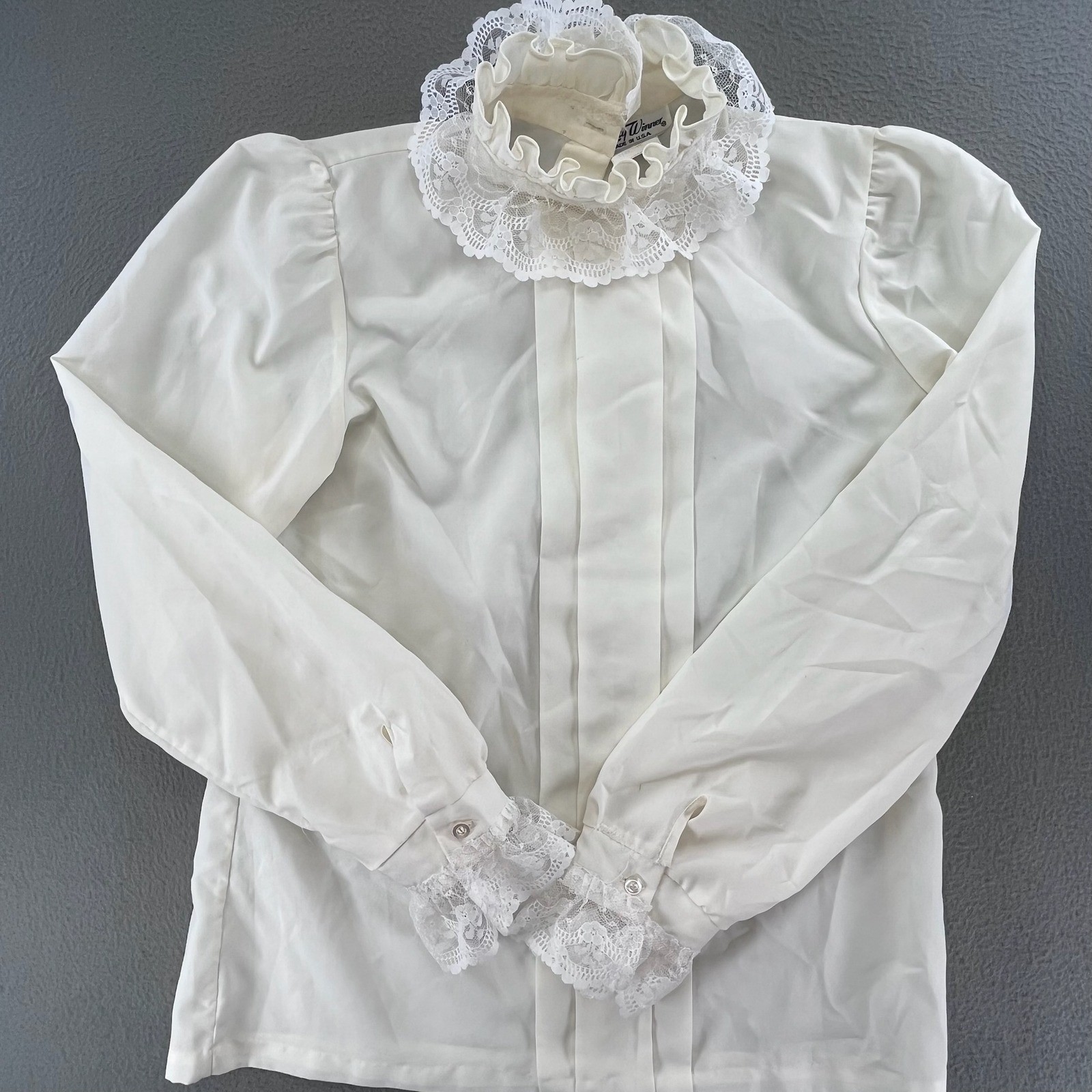 Lucky Winner Women Blouse Ivory Polyester Size 14 Vintage Victorian Lace Ruffle