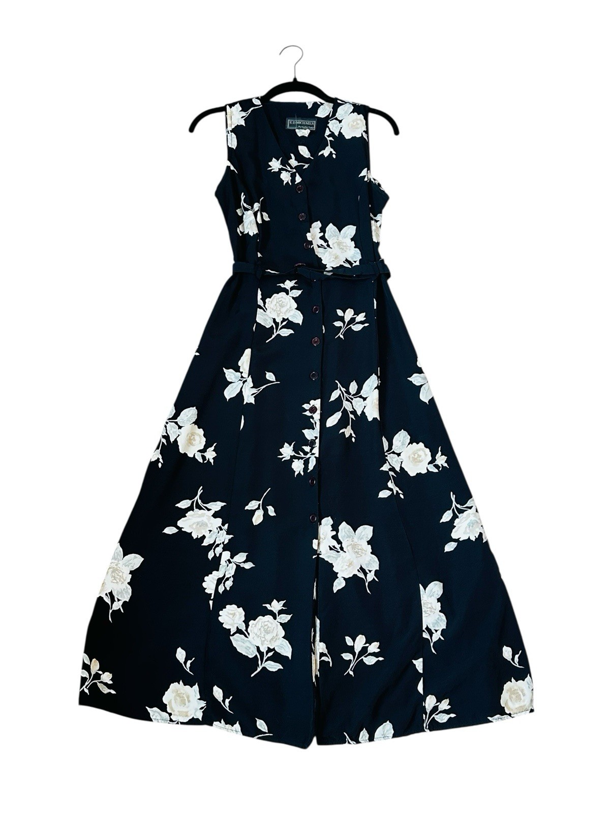 Vintage 80s ED Michaels Floral Midi Dress Belt Grunge Cottage Whimsygoth Size 8