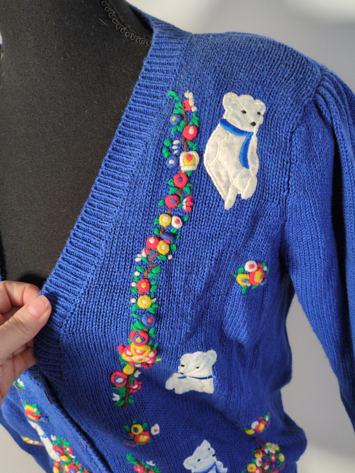 Vintage Margules Knit Cardigan Blue With Floral Embroidery, White Bears Women M