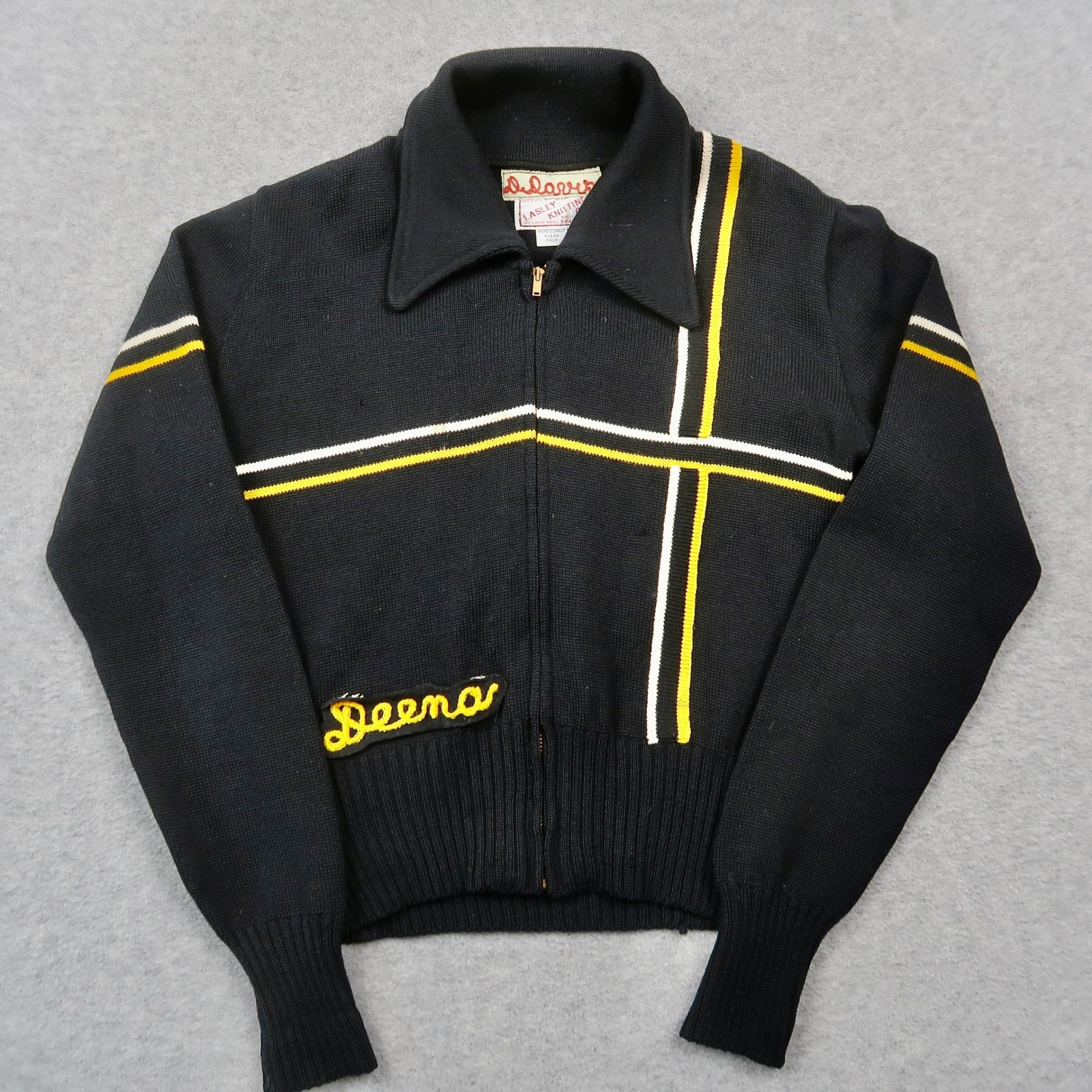 Vintage 70s Lasley Knitting Co Wool Full Zip S Sweater Black Yellow Stripe Talon