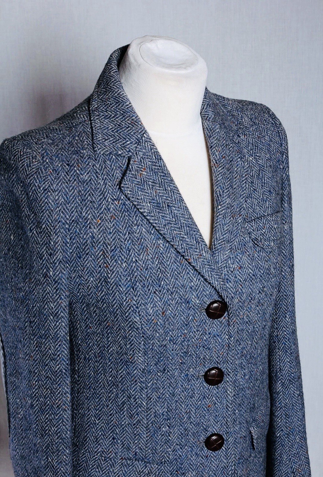 Donegal Tweed Jacket Blazer Wool Vintage Blue Grey Hourihan Dublin Leather