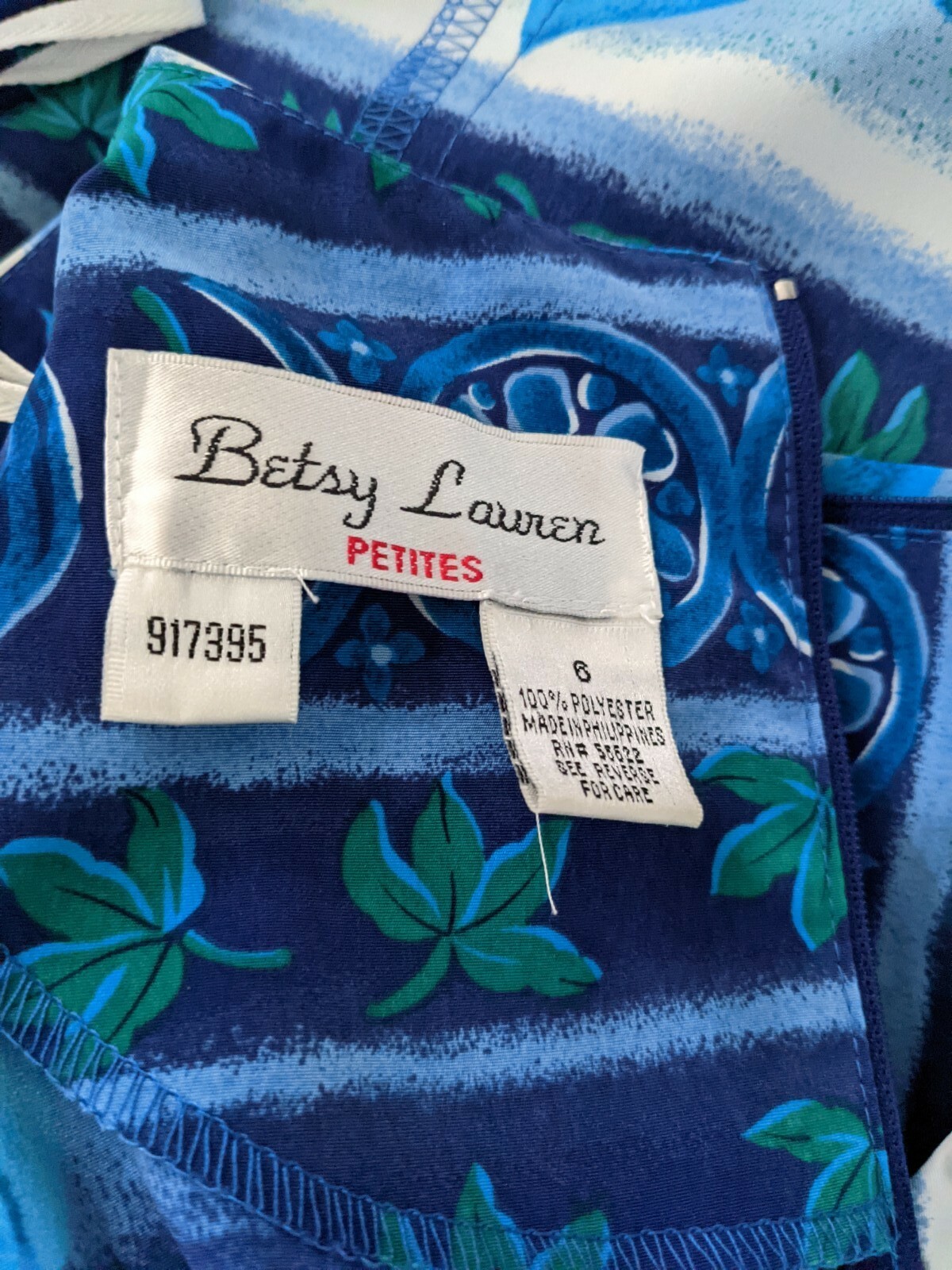 VTG Betsy Lauren Dress 1990s Short Sleeve Blue Tropical Dress Sz Petite 6 Small