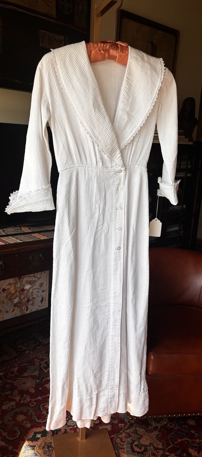 Antique Edwardian Early 1900s White Cotton Dressing Gown Robe Sz S Empire Waist
