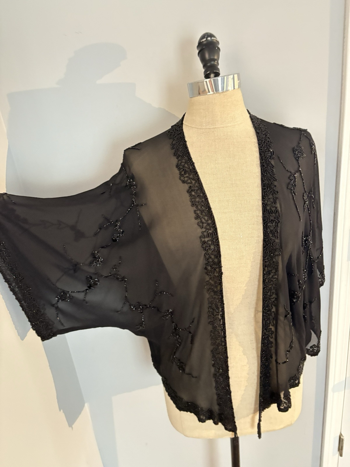 Vintage 80s Beaded Sheer Silk Kimono Top Edwardian Victorian Gothic Boho Flapper