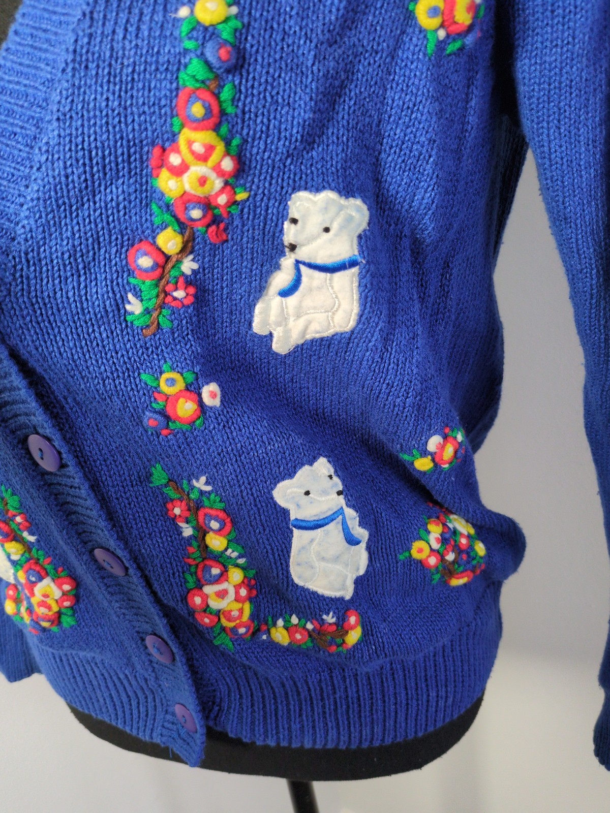 Vintage Margules Knit Cardigan Blue With Floral Embroidery, White Bears Women M