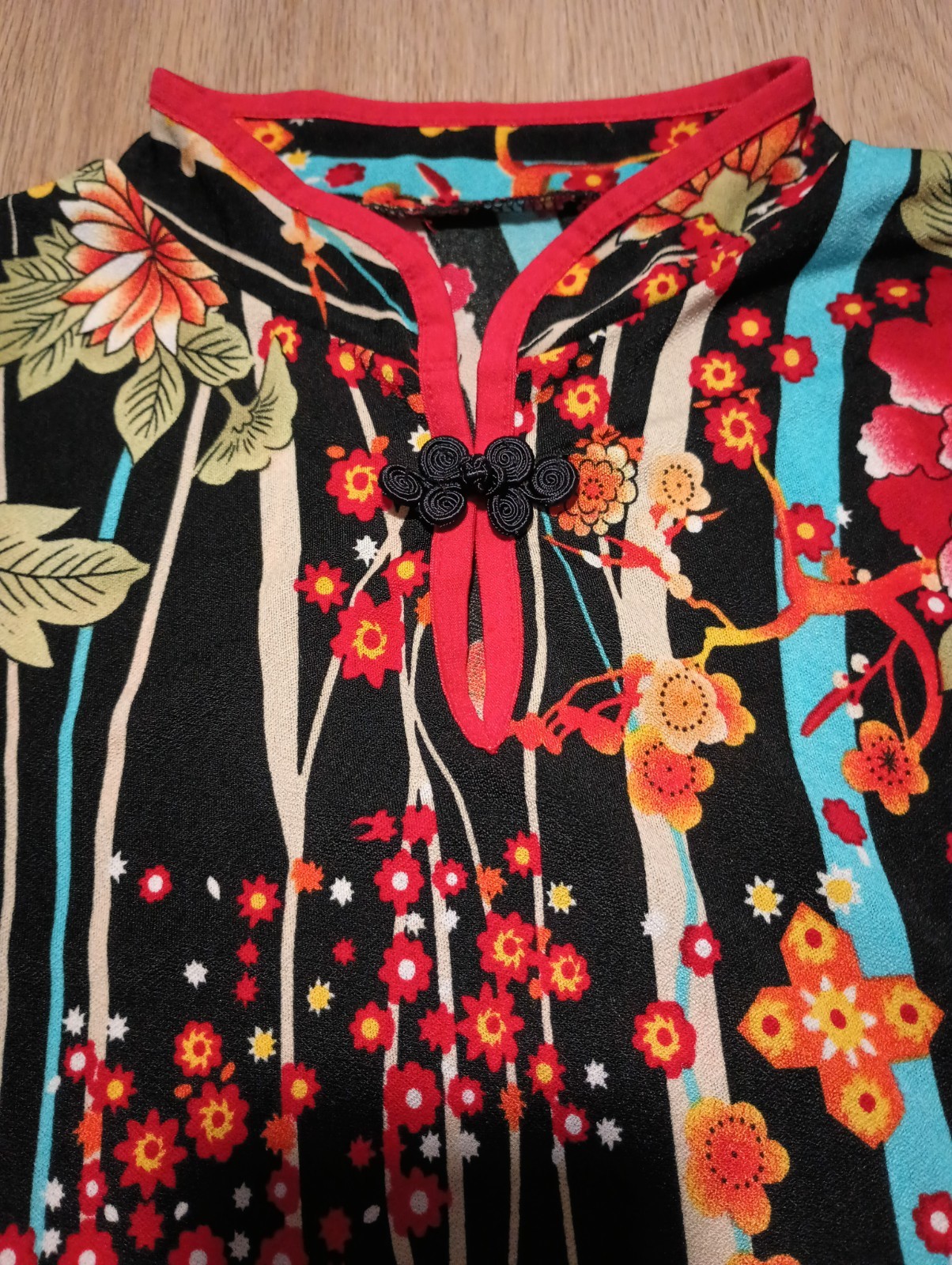 Vtg 90s Asian Art Artsy Painting Inspired Floral Mandarin Collar Stretchy Top XS