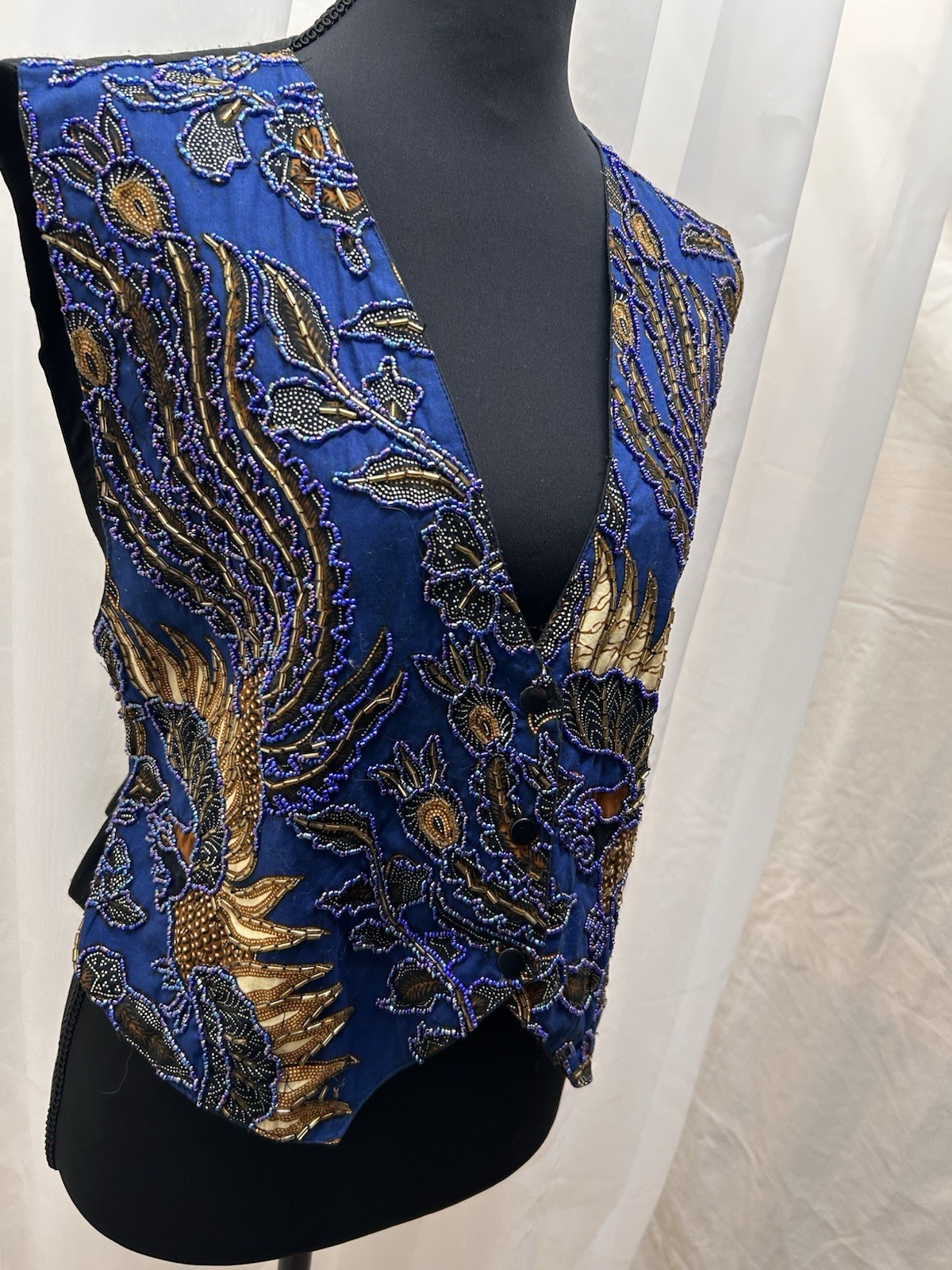 Vintage Tan Cita Womens M Blue Gold Beaded Embroidered Vest Boho Y2K Tie Back