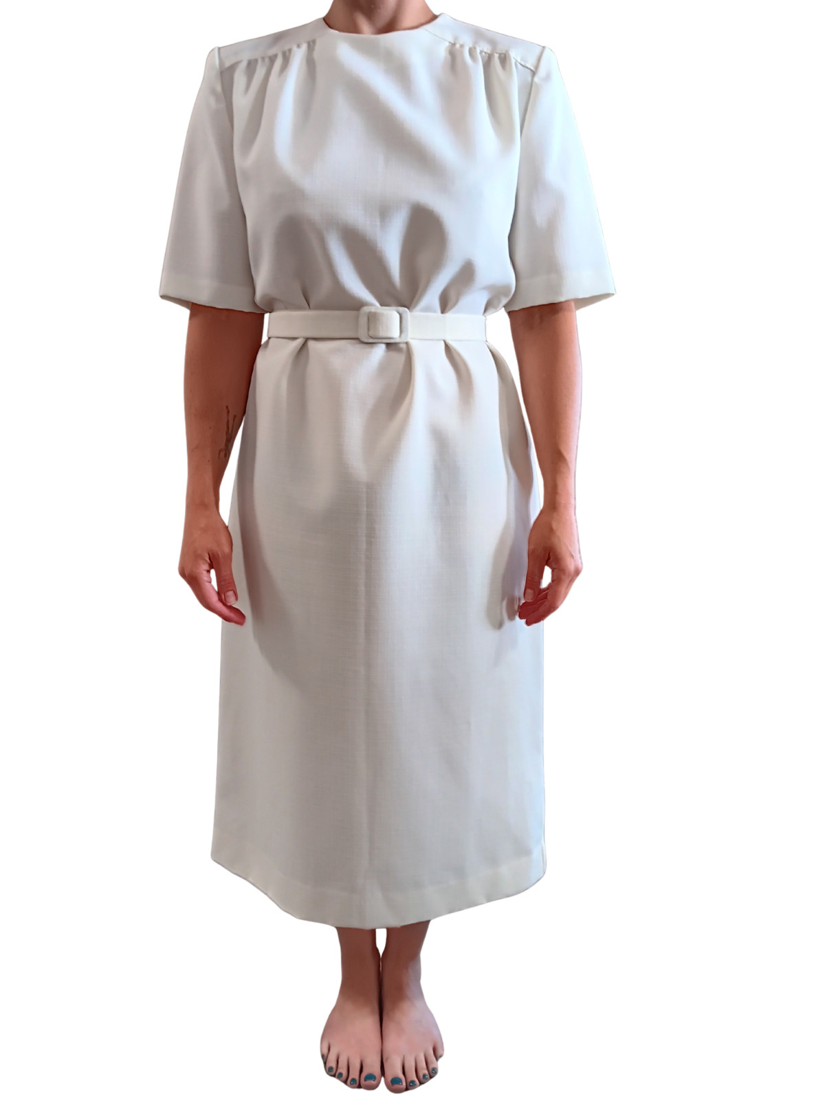 Vintage D’Allaird’s 80s Cream Sheath Dress Belted Midi Made in Canada M