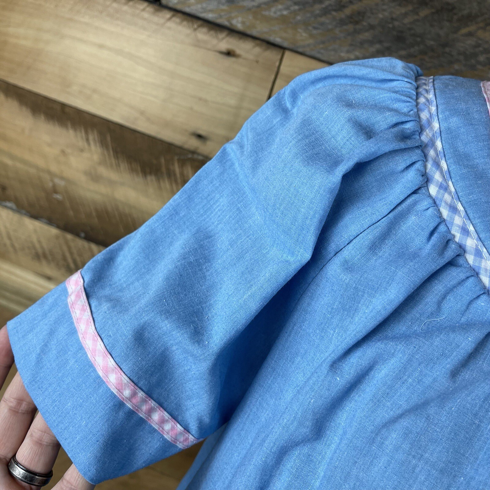 Vintage Dan-Ellen Brand Blue Poly Cotton Robe With Pink & Blue Gingham Trim