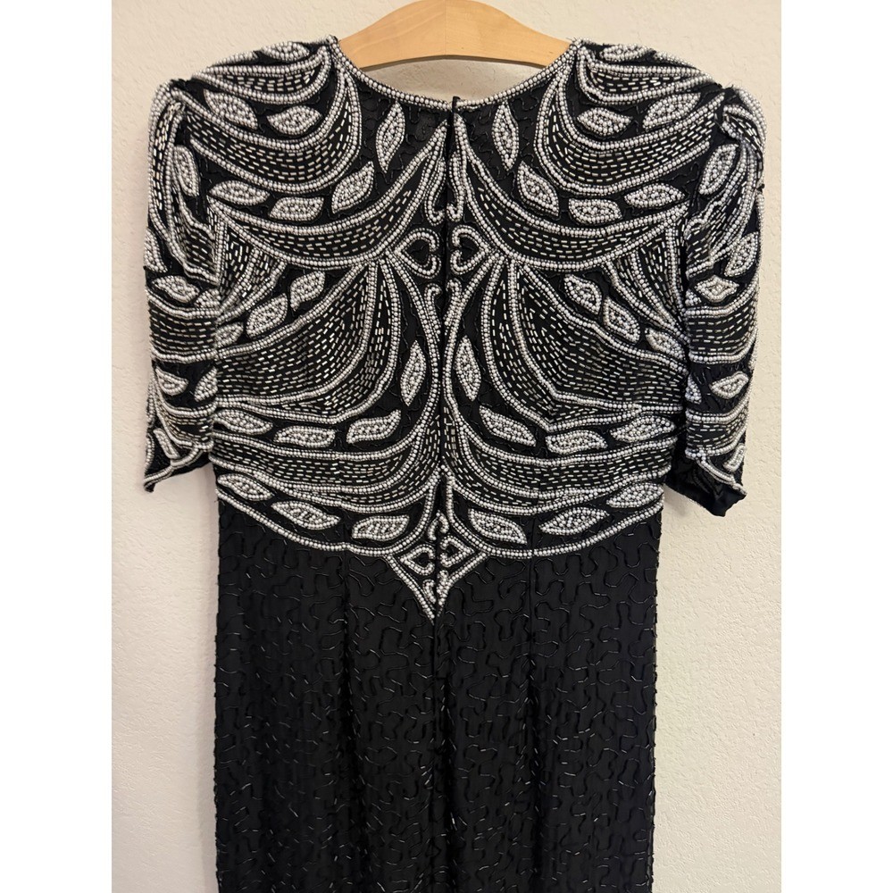 Night Vogue Vintage Black Silk Beaded Sequin Maxi Dress Art Deco Gown M Medium