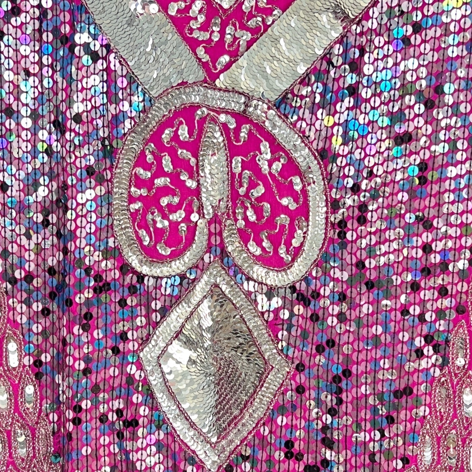 Vintage Sequin Top Women Medium Pink Silver Beaded Silk 80s Glam Disco Party