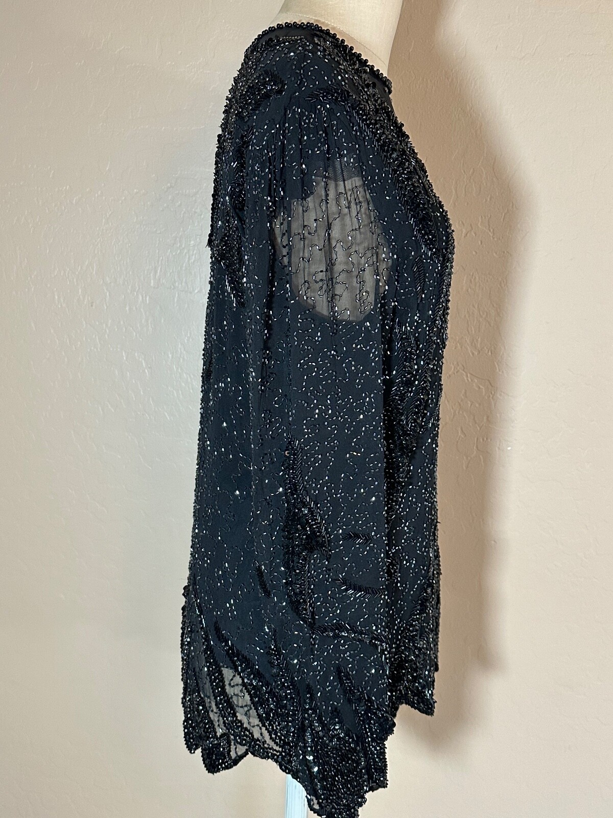 Vintage Sho Max Sheer Black Sequin Beaded Rhinestone Lined Top Blouse Sz M