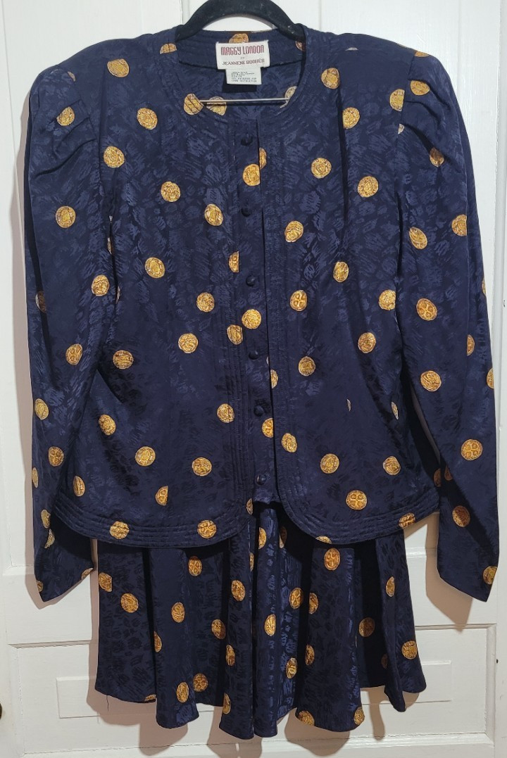 100% SILK 80s Does 40s VTG Maggy London Skirt Blouse Set Shoulder Pads Peplum M