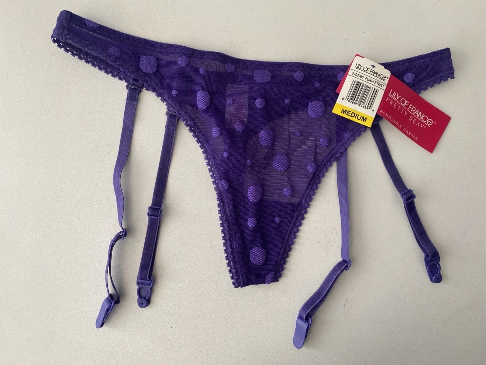 Vtg Lily Of France Purple Mesh Thong Panties Removable Garter Medium Polka Dot