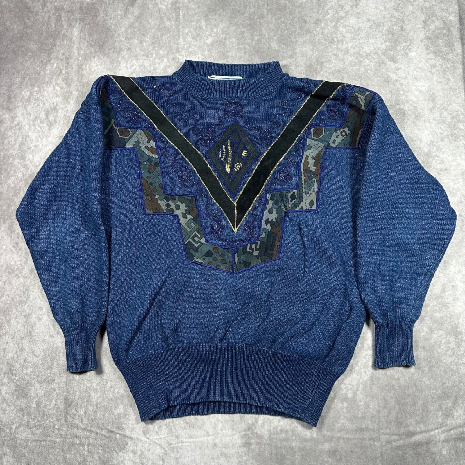 VTG Pioneer Wear Cowboy Blue Geometric Patchwork Suede Leather Knit Sweater M