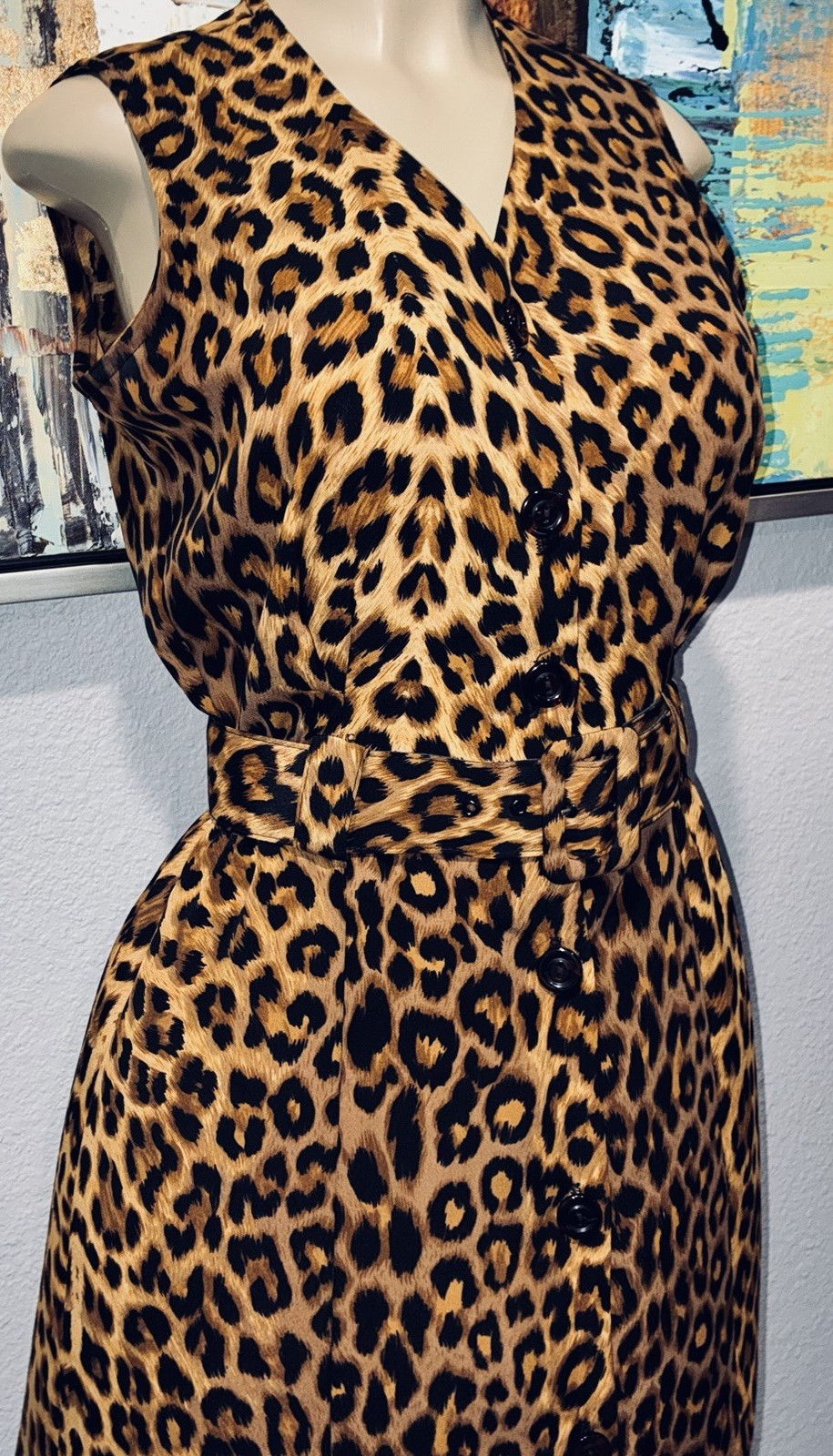 Vtg Studio 1 Leopard Animal Print Belt Sleeveless Shift Midi Dress 6