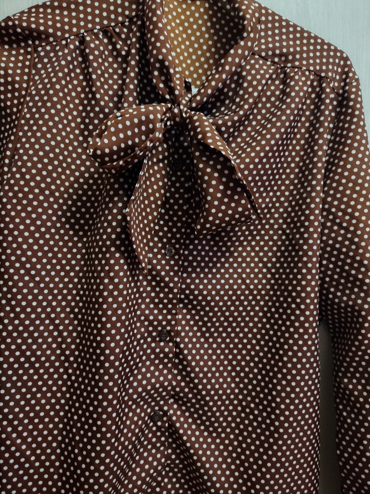 Vintage Womens 14T Sears Fashion Place Brown Polka Dot Tie Blouse Shirt Top VTG