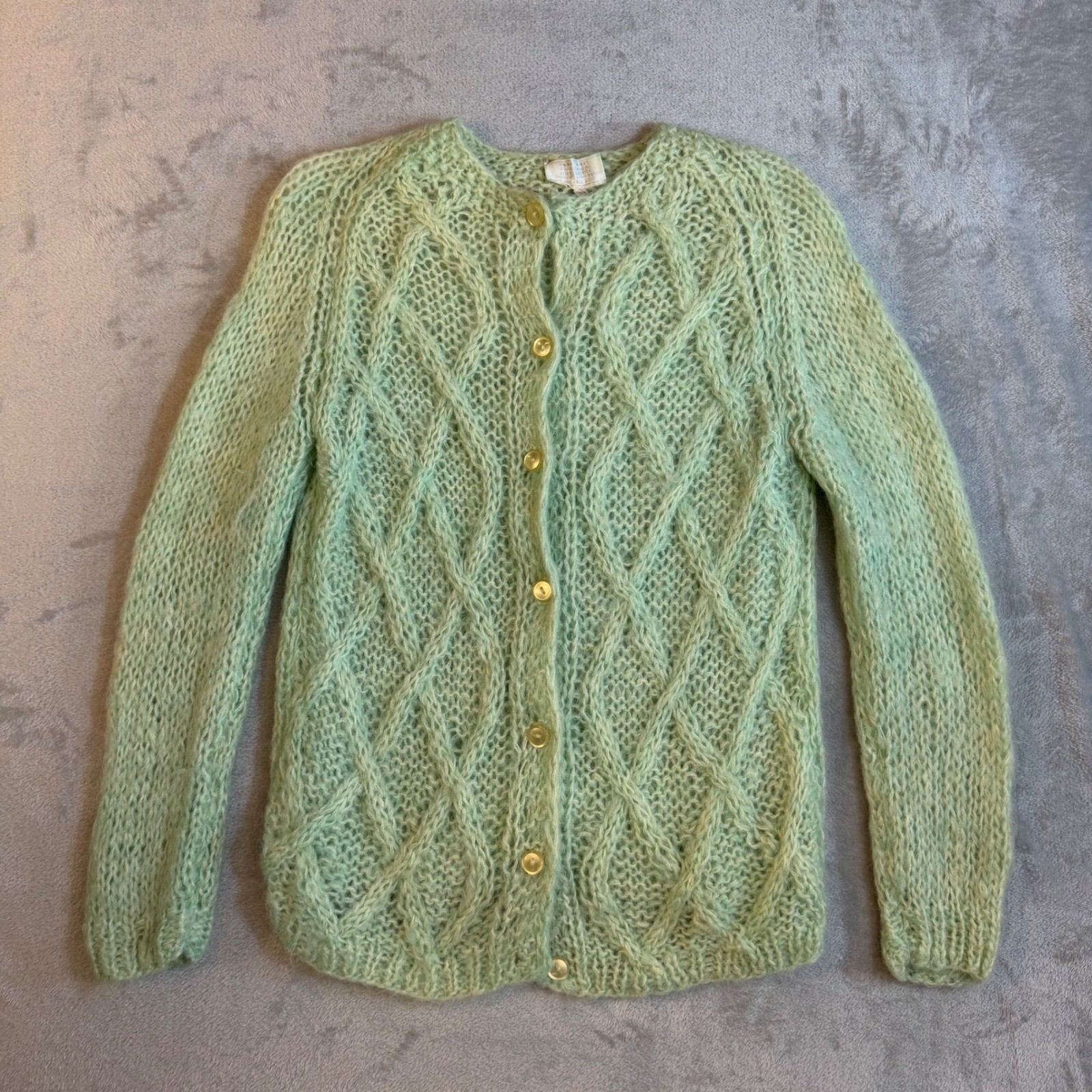 Nan Elliot Vintage Hand Knit Mohair Cardigan Shaggy Green Cable Knit Italy 38
