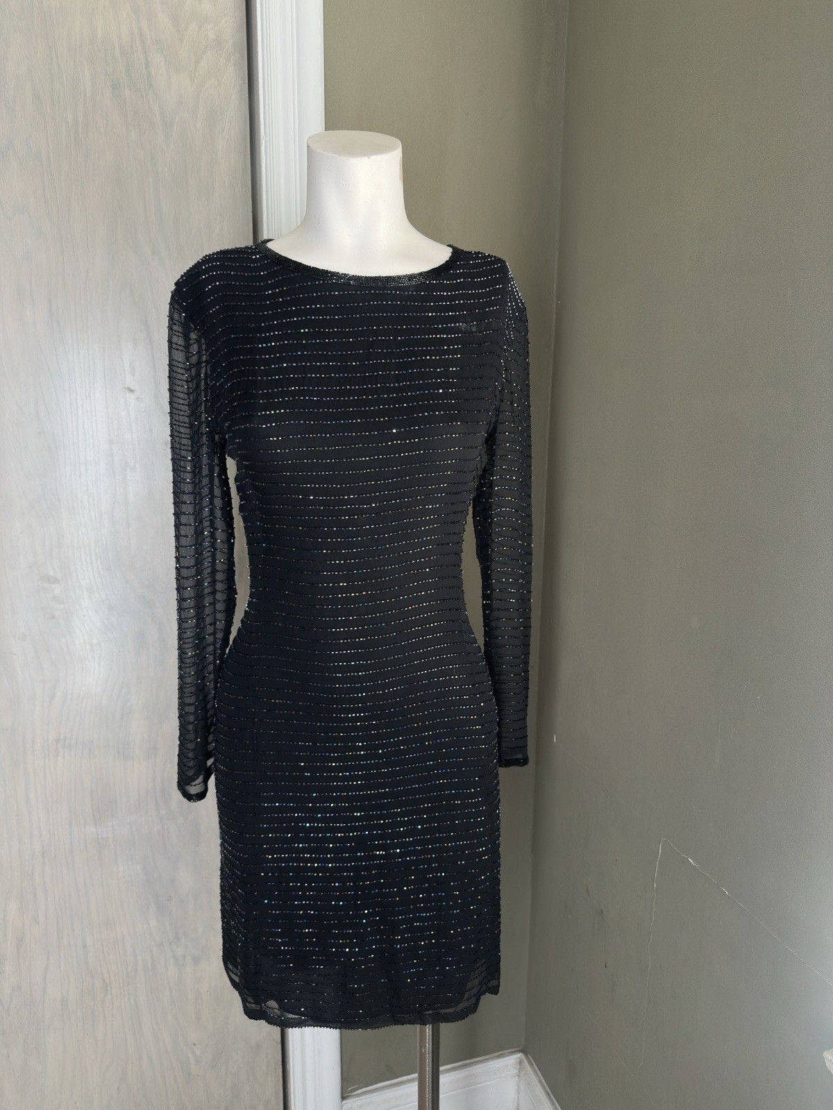 Vintage 80’s Silk Sequin Beaded Party Dress, Sheer, Lining L sleeves byt Bieff