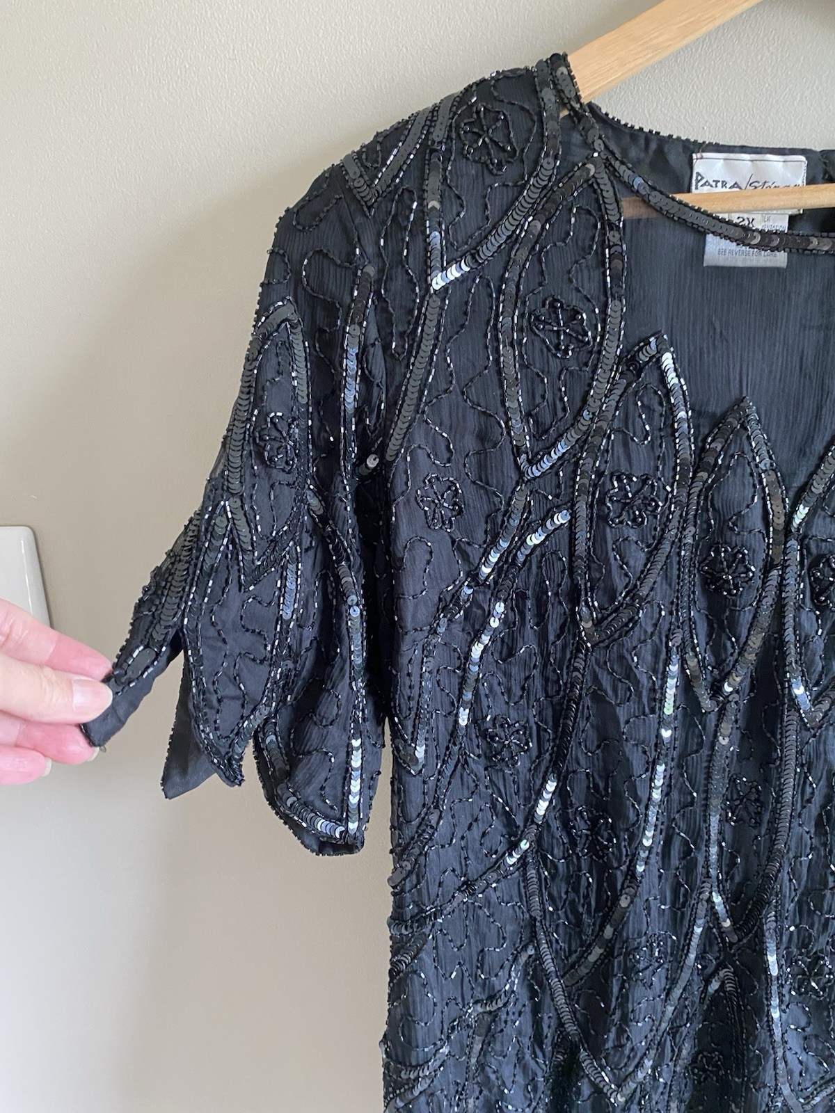 Vintage Patra Stenay Silk Sequin Blouse 2X Black Formal Sequin Mob Glam Top Goth