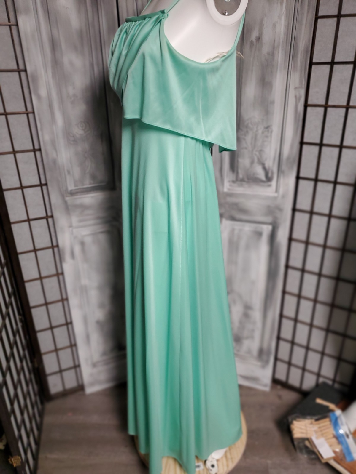 Vtg 70s Sleeveless Ruffle Layer Prom Dress M Maxi Long Bridesmaid Minty Green