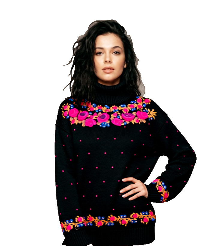 Vintage Work in Progress Gladys Bagley navy with flower embroidery sweater S