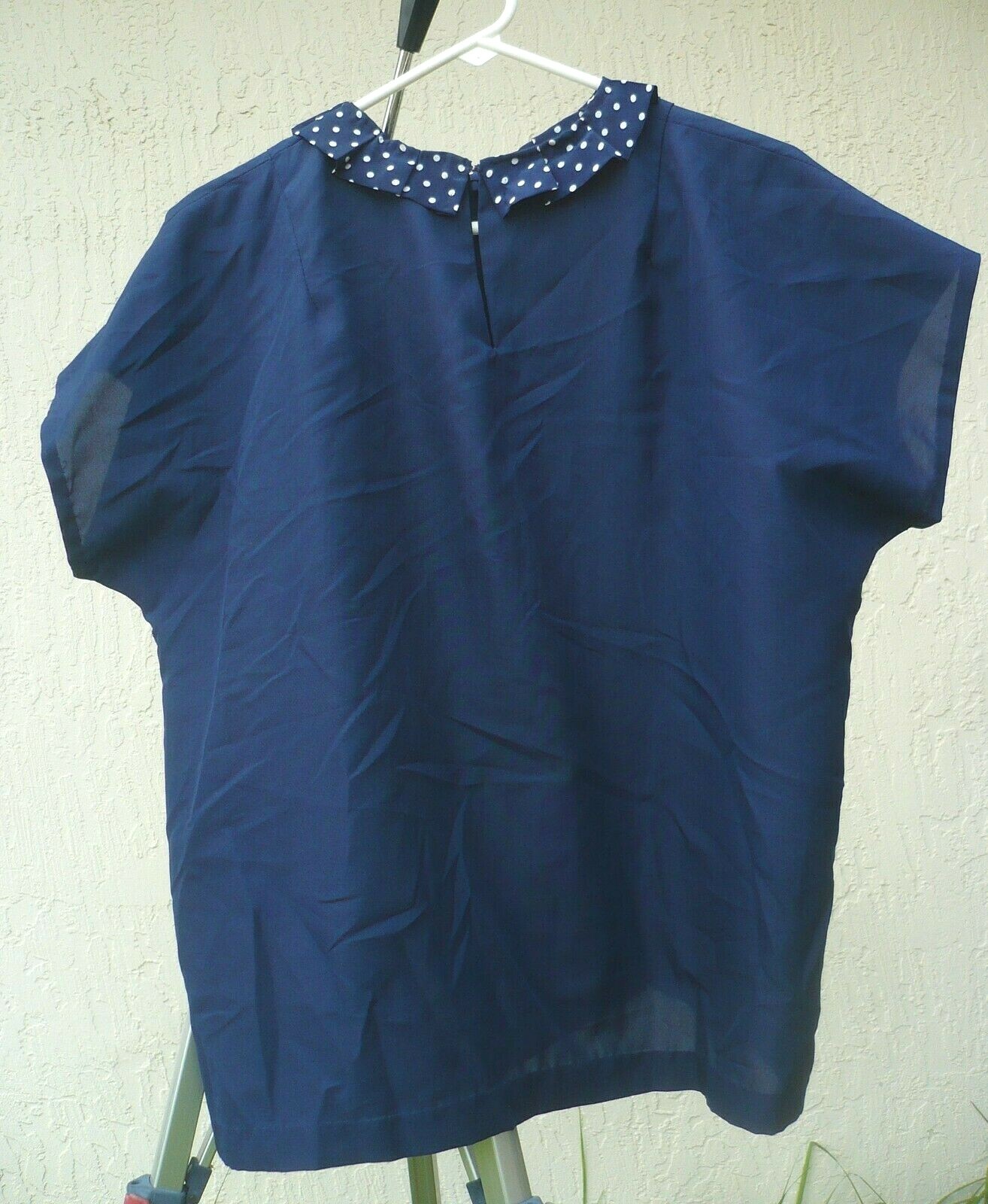VTG 80S HANDMADE 1X XL NAVY BLUE POLKA DOT PLEATED COLLAR SILKY POLY BLOUSE LADY