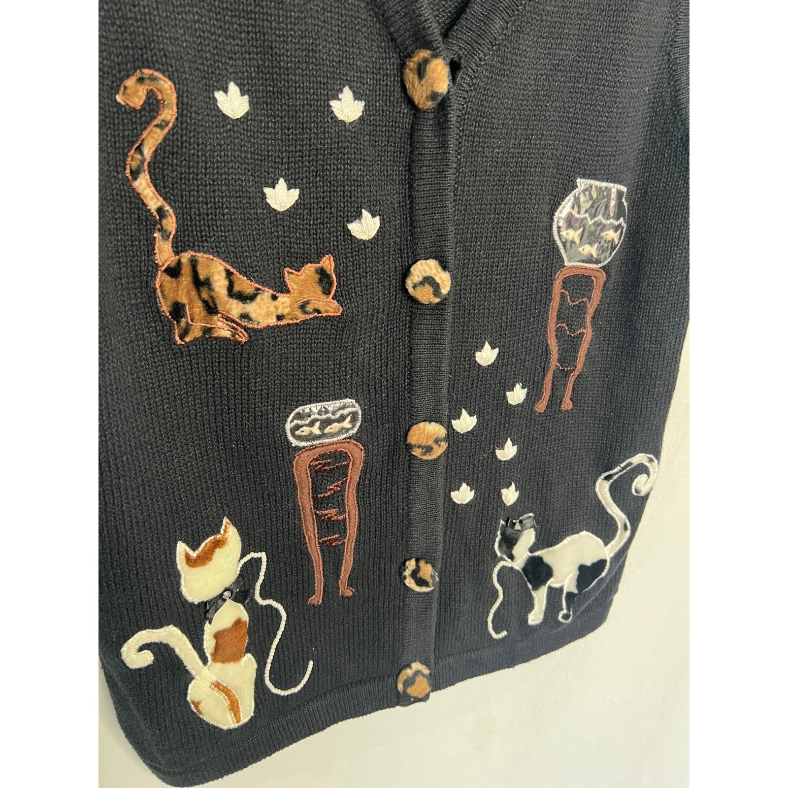 VTG Black Knit Cotton Fur Vest Cat Fish Bowl Grannycore Sz M Lisa International