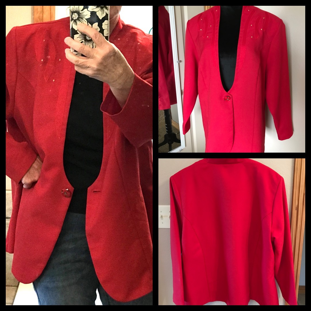 VTG 70s Pride & Joy Blazer, Deep Scoop Neck Red Geometric Print Gold Dots Sz 22W