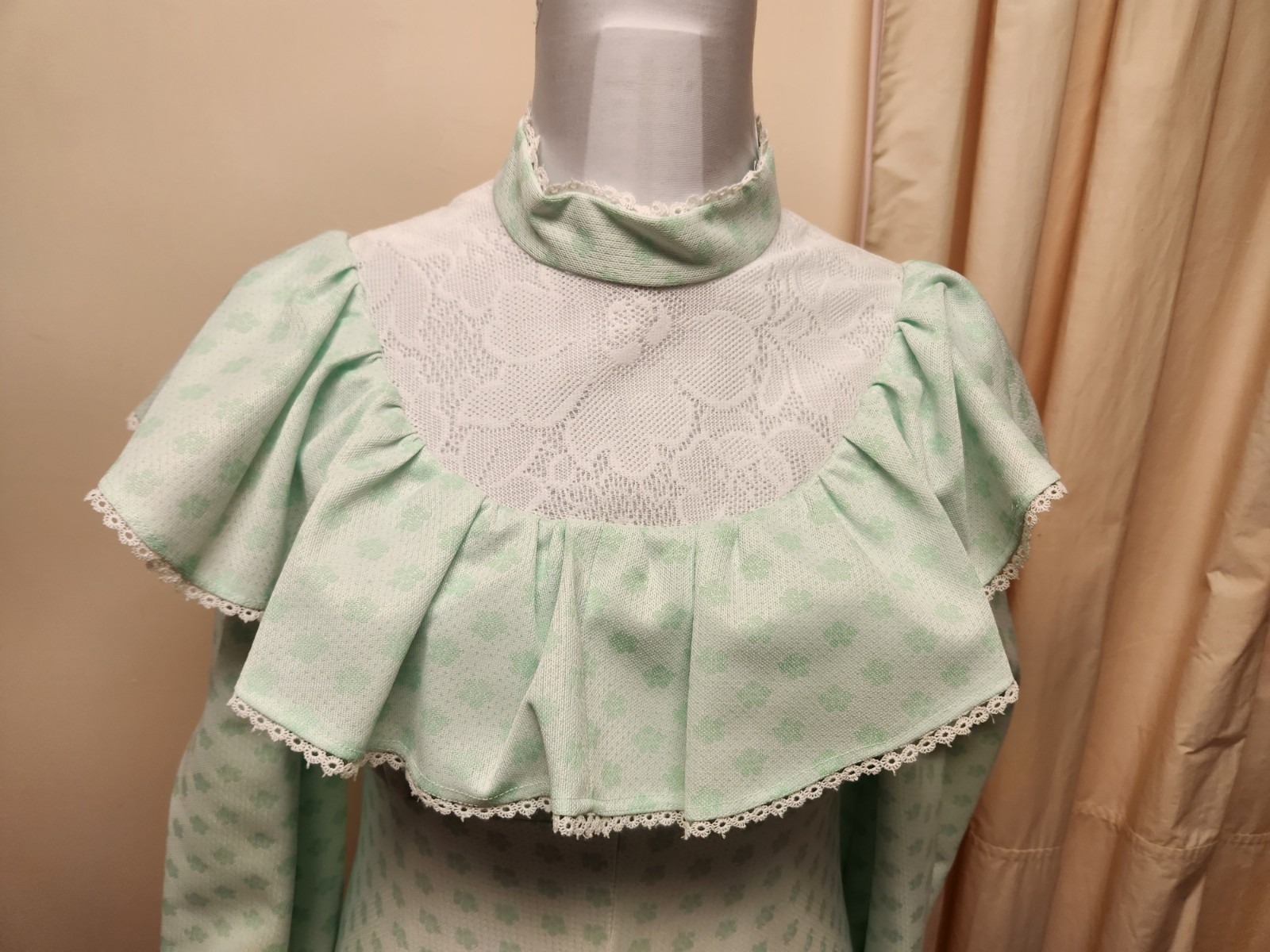 VTG 70s Handmade Prairie Cottage Core Gree Floral Pattern Maxi Dress*sz10*EUC